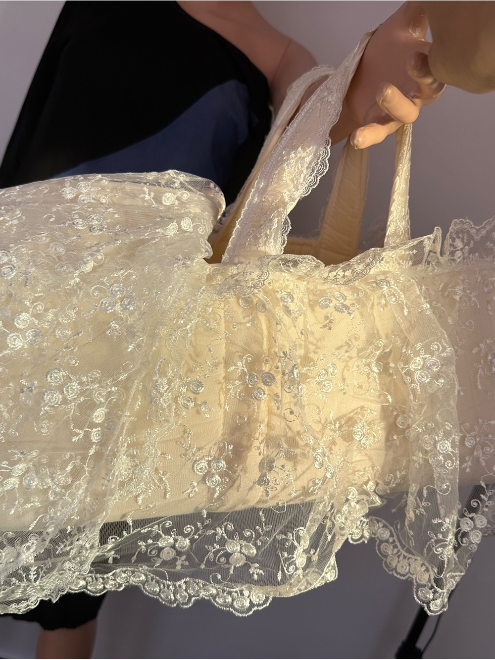 Lace Overlay Tote Bag in Ivory  cradle for baby